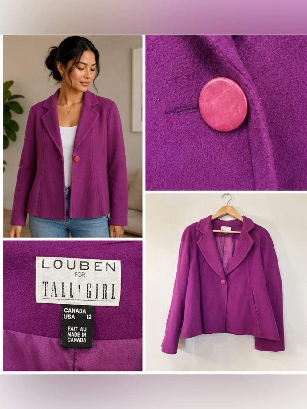 Louben Tall Girl Purple Wool Blend Blazer Jacket Size 12 - Picture 2 of 8